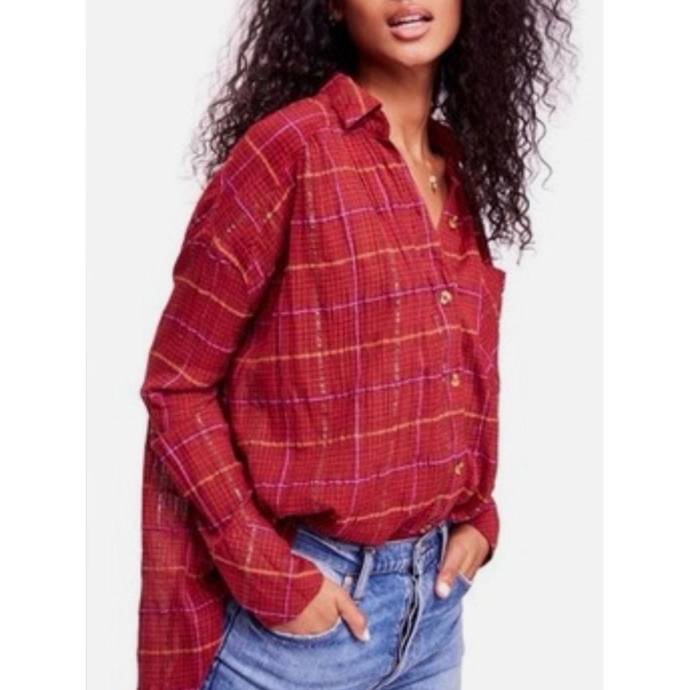 Free People Break My Stride Plaid Metallic Gauze Button Down Shirt Boho XS